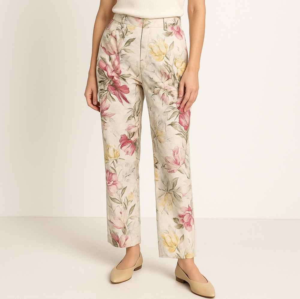 Vintage 90s High Waist Floral Linen Blend Pants Lightweight Tropical Print 14